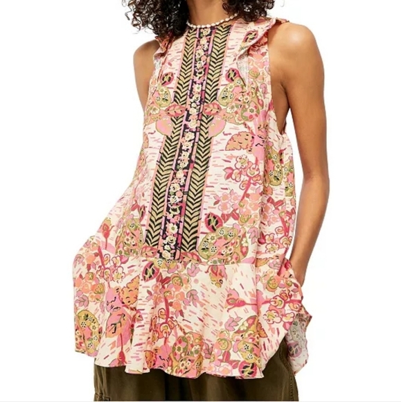 Free People Linen Pink/Cream Floral Print Ruffled Hem Tunic/Mini Dress Size L - Picture 1 of 12